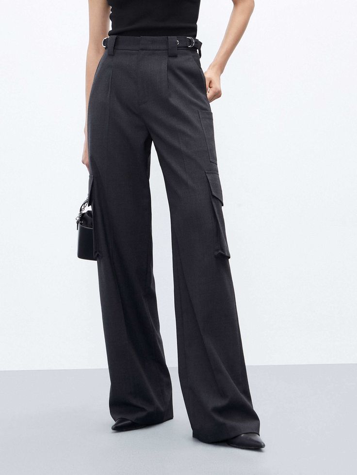 MO&Co. Women's Wool Blend Cargo Pants Our pants provide you with an air of casual sophistication that elevates any ensemble. Crafted from a luxurious wool blend, they feature a high-waisted silhouette with buckle detailing and a straight-leg cut, as well as multiple pockets for an understatedly utilitarian charm. Perfect for the modern sophisticate. Features : - High-waisted with buckle details- Cargo straight-cut silhouette- Mul-pocket design Code: MBC3PATT04The back length of size M is 109cmMA High-waisted Pants With Flap Pockets For Work, Fitted Wide-leg Pants With Flap Pockets, Fitted Wide Leg Pants With Flap Pockets, High-waisted Workwear Bottoms With Flap Pockets, Fitted Wide Leg Pants With Cargo Pockets For Workwear, Black Pants With Flap Pockets For Workwear, Black Workwear Pants With Flap Pockets, Wide Leg Dress Pants With Side Pockets For Work, Workwear Trousers With Flap Pockets