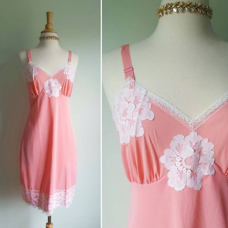 What a peach! 🍑 This darling vintage slip features a fresh apricot-pink hue; crisp white floral lace trim; a graceful, gathered bustline; and a double-lined front panel. Excellent condition. Size: 34 Era: 1960s Label: none, has a blue and white ILGWU tag Material: 100 percent nylon Length: 37.5 inches ♡ more rare and beautiful treasures on Instagram at provenance_vintage Sleeveless Sleepwear With Lace Trim For Wedding, Pink Lace Nightgown For Summer, Pink Lace Summer Nightgown, Sleeveless Wedding Sleepwear With Lace Trim, Pink Lace Trim Slip Dress For Daywear, Feminine Lace Slip Dress For Wedding, Summer Nightgown With Delicate Lace In Coquette Style, Summer Coquette Nightgown With Delicate Lace, Pink Slip Dress For Spring Wedding