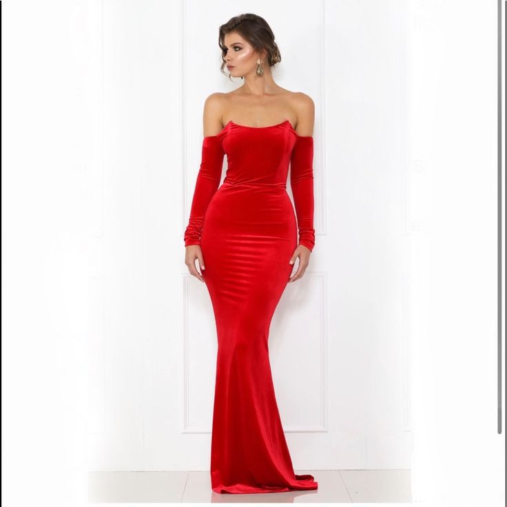 Abbey' Is Made From An Incredible Quality Deep Pile Velvet That's Super Soft And Very Stretchy And Has A Super Flattering Bust Line Neckline. Lined Red Color Back Zipper Red Glamorous Bodycon Dress For Formal Occasions, Fitted Red Bodycon Dress For Evening, Red Carpet Long Sleeve Evening Dress, Red Holiday Bodycon Dress For Evening, Red Long Sleeve Mini Dress For Prom, Red Off-shoulder Bodycon Dress For Cocktail, Red Off-shoulder Cocktail Bodycon Dress, Glamorous Red Bodycon Dress For Prom, Red Off-shoulder Bodycon Evening Dress