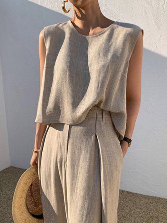 Women Plain Summer Urban No Elasticity Regular Fit Sleeveless Regular H-Line Regular Tank Tops Loose Sleeveless Top, Two Piece Sets Summer, Knit Lace Dress, Wide Leg Pant Suit, Ruffle T Shirt, High Waist Wide Leg Pants, Office Outfits Women, Oversize Women, Pantalon Large