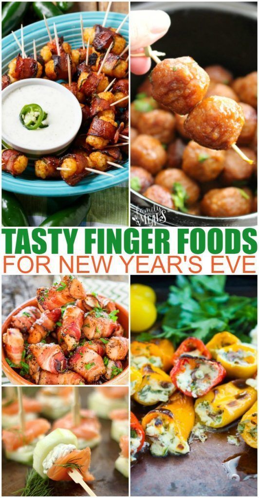 the cover of tasty finger foods for new year's eve, with pictures of food