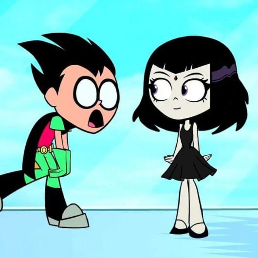 an animated image of two people standing next to each other, one is surprised at the other