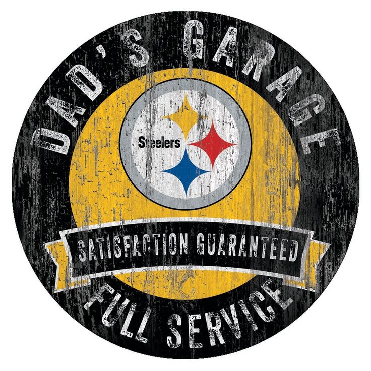 a pittsburgh football logo with the words,'dads garage satisfaction guaranteed full service '