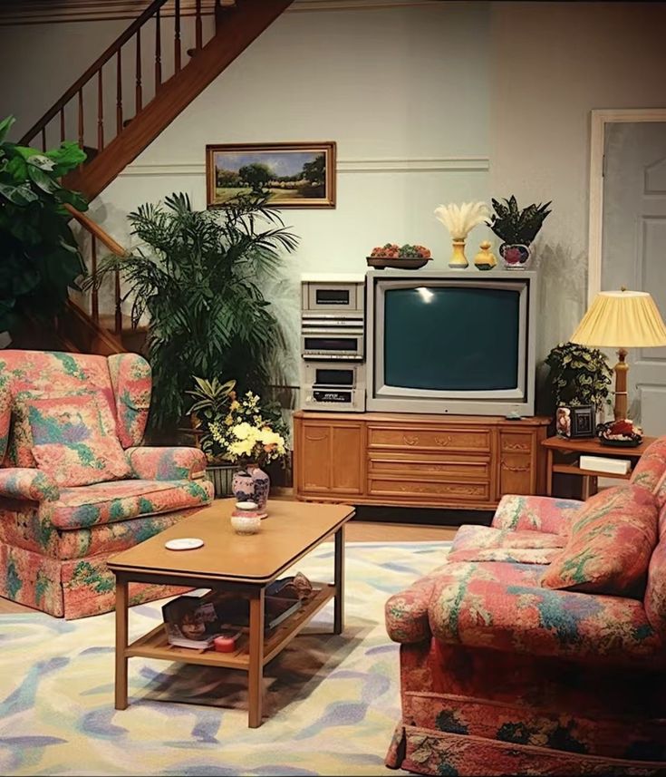 a living room with couches, chairs and a tv in the corner next to a stair case