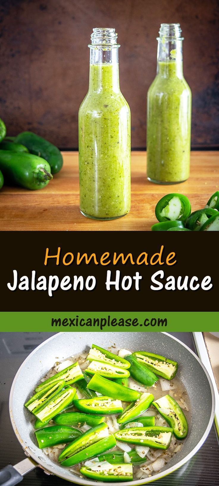 homemade jalapeno hot sauce in two glass bottles on top of a frying pan