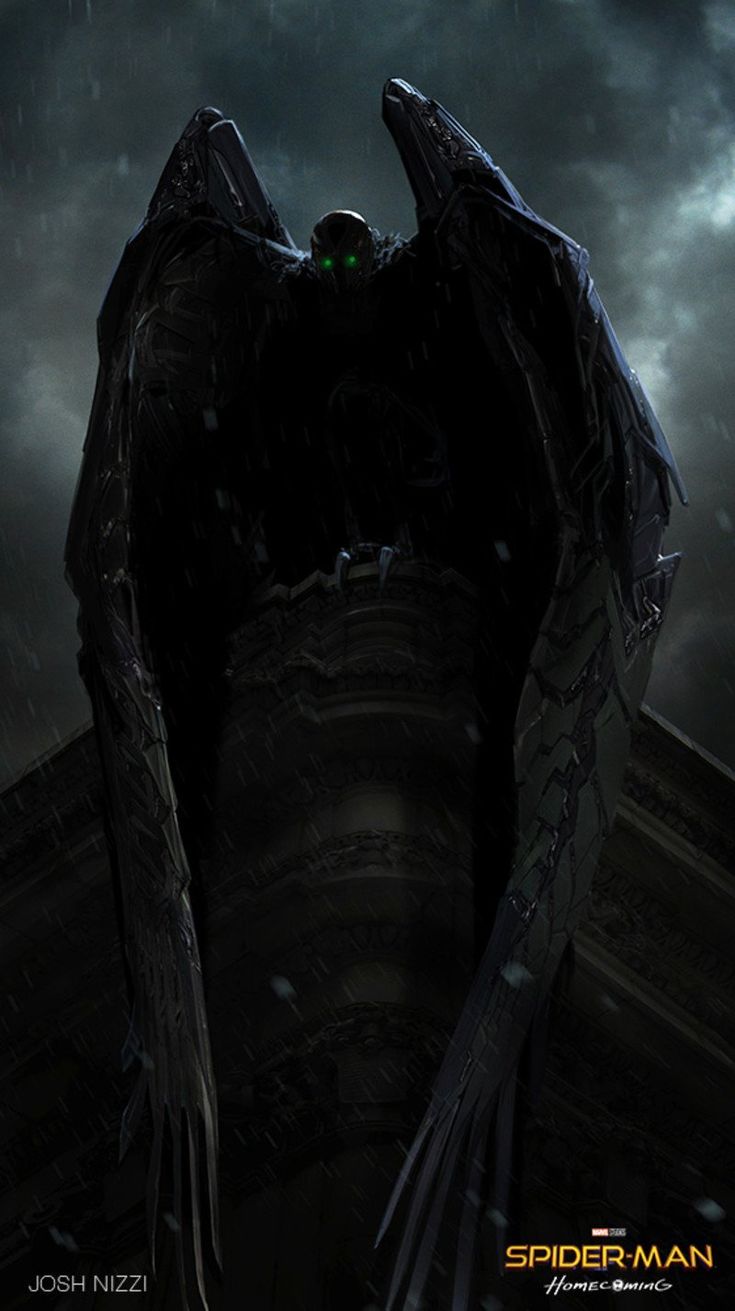 an angel is standing on top of a building in the dark with its wings spread out