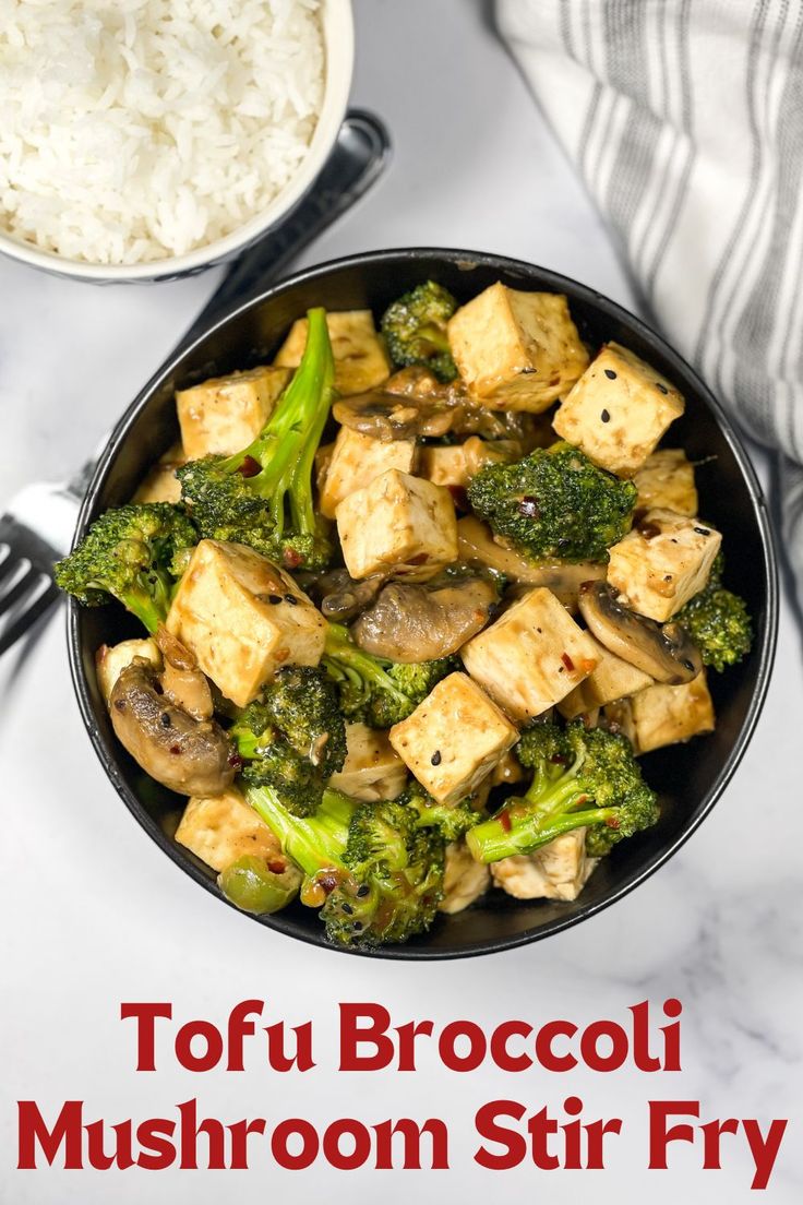 tofu and broccoli stir fry in a skillet with rice on the side