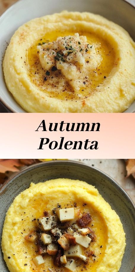 two different types of food are shown in this collage with the words autumn polenta