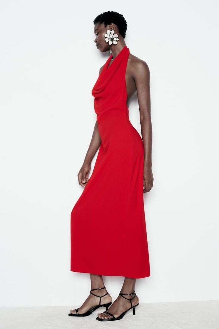 MIDI HALTER DRESS - Red | ZARA United States Midi Halter Dress, Zara Red Dress, Trench Coat Dress, Back Back, Halter Neck Dress, Zara Woman Dress, Halter Midi Dress, Cardigan Sweater Jacket, Tshirt Skirt