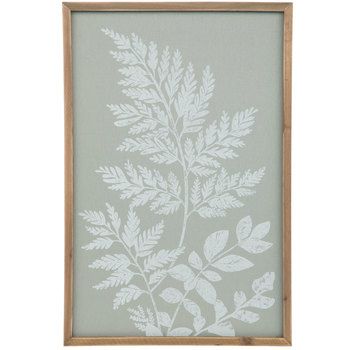 a framed wall hanging with white leaves on the inside of it and a wooden frame