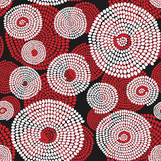 red and white circles on black background with dots in the shape of an abstract design