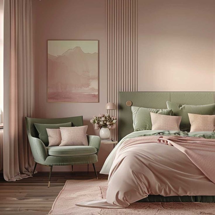 a bedroom with pink walls and green bedding, two chairs and a painting on the wall