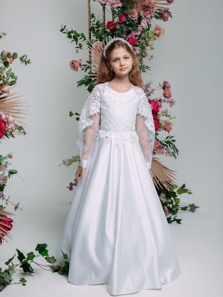 "First Communion flower girl dress STEFANIA-L with laced bodice.  Specially designed of unique girls dress pattern for your chic special occasions, first communion, wedding, birthday, pageant, bridesmaid party. The dress fastens with a vertical corset and zipper. Bodice is fully decorated with pearls.  Item material: upper layer of the skirt - satin and tulle, lace, zipper middle layer of the skirt - satin lower layer of the skirt - taffeta corset - satin, tulle, lace, taffeta, zipper Item color: white, off white, ivory Size: 12m-2-3-4-5-6-7-8-9-10-12 The size chart is the picture of the listing. If your measurements do not match to those specified in the standard size chart, we can combine top from one size with length from another one. Please choose \"Custom\" size and specify in comment Mini Bride Dress, Mini Bride, Communion Wedding, Unique Girls, Dress Bridesmaids, Girls Ball Gown, Satin Flower Girl Dress, Skirt Satin, Girl Dress Pattern