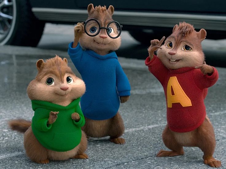 three chipmuns dressed in sweaters and glasses standing next to a black car