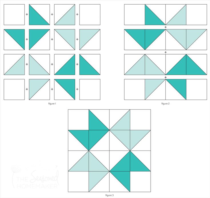 four different types of quilt blocks with the same pattern on each side and one block in blue