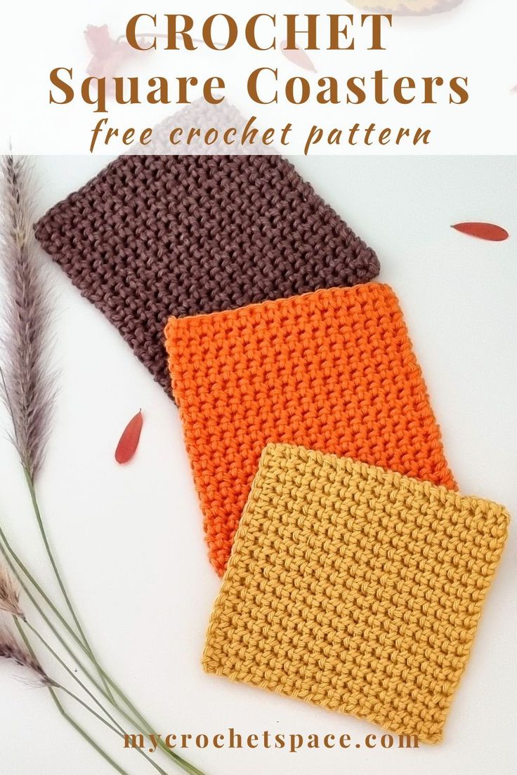 three crochet square coasters with text overlay that says, free crochet pattern