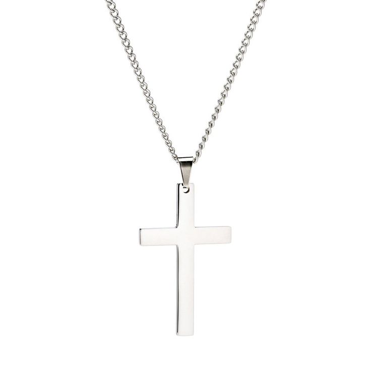 Details: Cross pendant necklace Highly polished finish Made of stainless steel and titanium Size: One size fits all Chain length up to 24" Pendant size: 2.0" by 1.2" Modern Surgical Steel Jewelry As A Gift, Stainless Steel Cross Pendant Necklace As Gift, White Stainless Steel Necklace With Silver Chain, Modern Stainless Steel Necklace With Polished Finish, Minimalist White Gold Stainless Steel Necklace, Stainless Steel Pendant Cross Necklace For Gift, Minimalist Stainless Steel Cross Necklace With Adjustable Chain, Nickel-free Silver Stainless Steel Necklace, Silver Stainless Steel Cross Pendant Jewelry