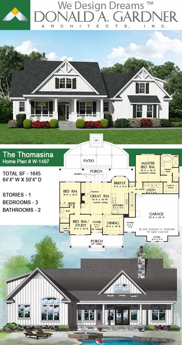 the front and back views of this house plan are shown in two different colors, including white