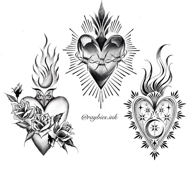 three heart tattoos with flowers and hearts on them