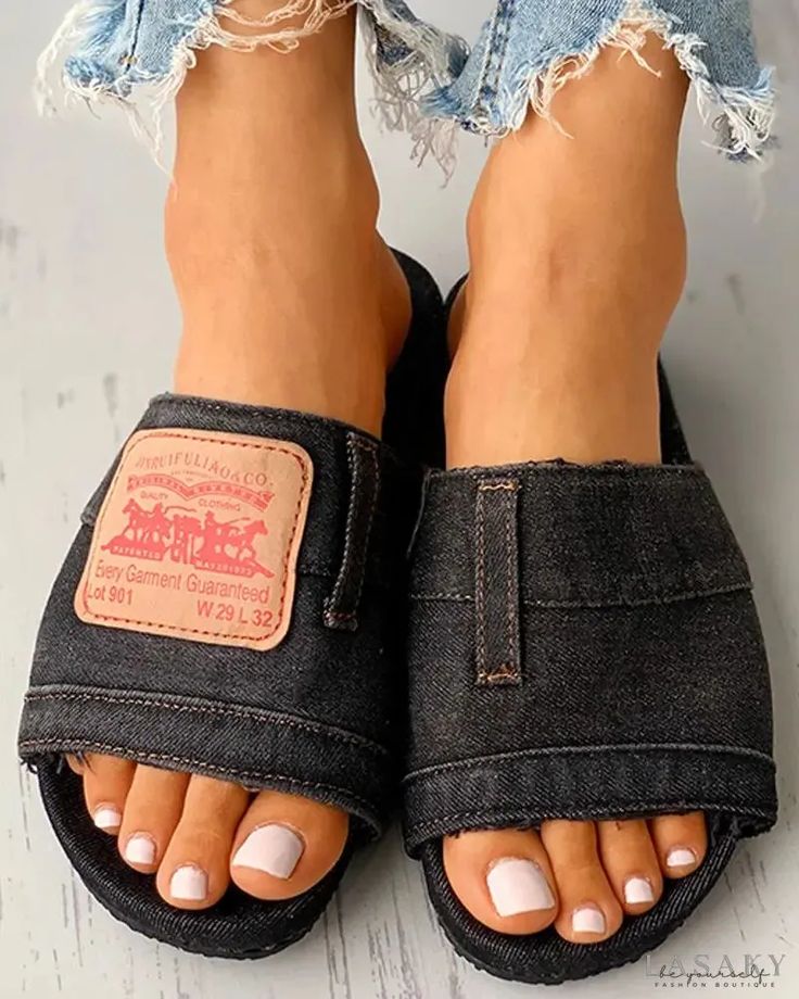 Lasaky - Letter Print Denim Flat Sandals Open Toe Denim Sandals For Summer, Summer Denim Open Toe Sandals, Denim Open Toe Sandals For Summer, Trendy Denim Sandals For Summer, Trendy Denim Blue Round Toe Sandals, Trendy Denim Blue Sandals With Round Toe, Casual Open Toe Sandals, Trendy Denim Blue Sandals, Denim Blue Open Toe Sandals For Summer