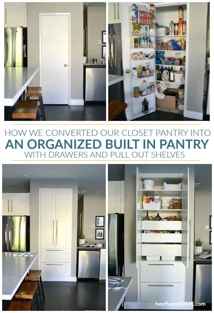 an organized built in pantry with drawers and pull out shelves