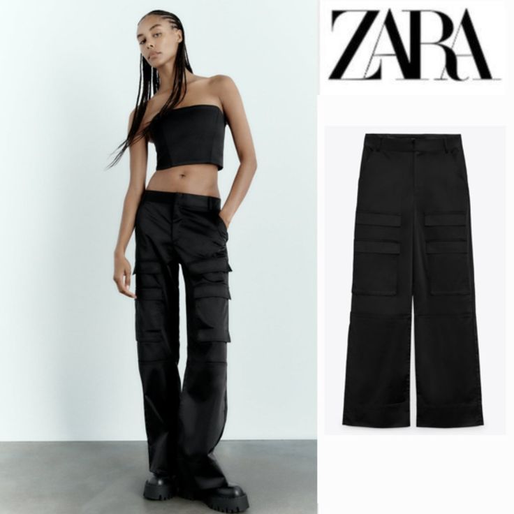 Blogger's Fave! Zara Satin Cargo Pants Black New With Tags High-Waisted Pants With Side Pockets, False Back Flap Pockets, And Patch Pockets At Legs. Front Zip And Metal Hook Closure. Please Note: Size Small Came From Warehouse Without Tag. Respectful Offers Only! Chic Black Parachute Pants With Pockets, Chic Black Straight Parachute Pants, Fitted Straight Cargo Pants For Night Out, Chic Black Straight Cargo Pants, Fitted Cargo Trousers For Night Out, Chic Black Bottoms With Cargo Pockets, Chic Fitted Pants With Cargo Pockets, Chic Black Wide-leg Cargo Pants, Black Parachute Pants For Night Out