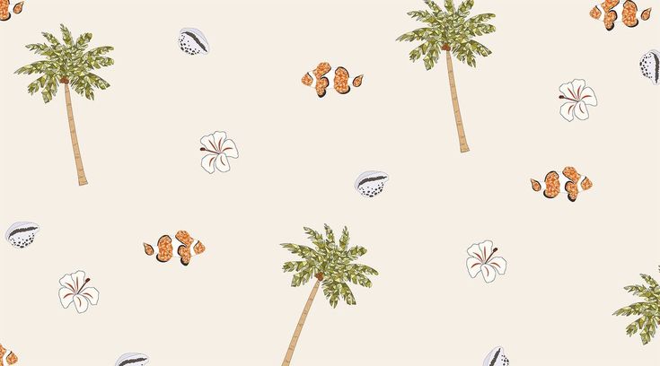 a palm tree and other tropical items on a white background with orange, blue, and green accents