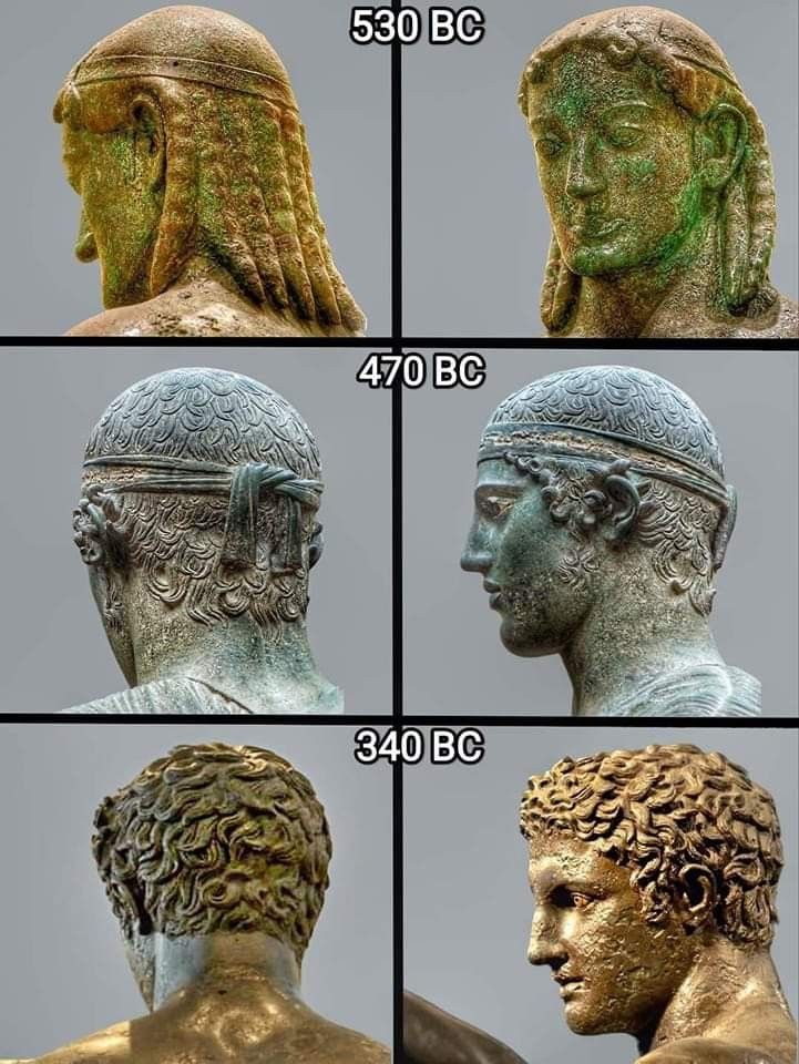 four different images of the head and shoulders of an ancient statue, each with various hairstyles