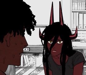 a woman with horns on her head is talking to another woman in front of a window