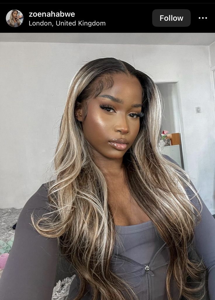 Highlighted Lace Front Wig, Ash Blonde Sew In, Ashy Blonde Hair Black Women, Ash Blonde Highlights Black Women, Ash Blonde Balayage Black Women, Brown Hair With Blonde Highlights Black Women, Ash Blonde Dark Skin, Sew In Highlights, Ash Blonde Balayage On Black Hair