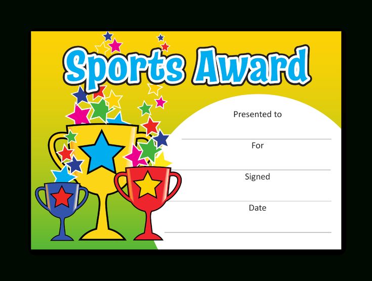 a sports award certificate with two trophies and stars on the front, in yellow background