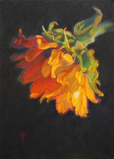 a painting of a sunflower on a black background