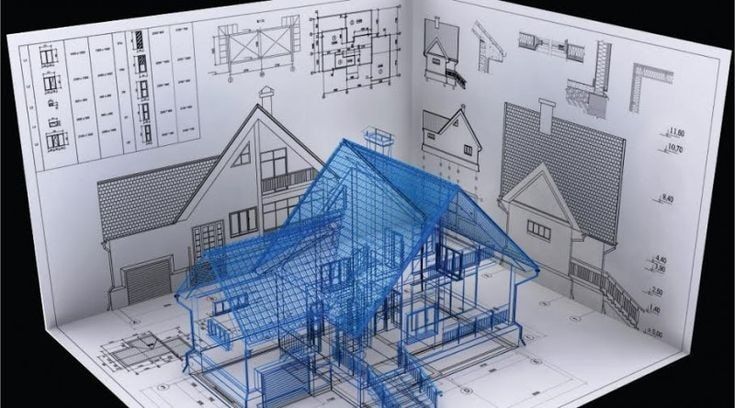 a 3d rendering of a house with blue lines on it