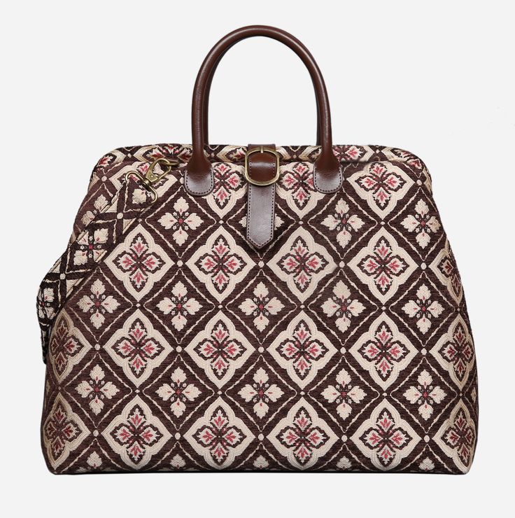 Ethnic Coffee Mary Poppins Weekender carpet bag MCW Handmade Luxury Woven Bags For Travel, Luxury Woven Bag With Double Handles, Luxury Woven Tote Satchel, Luxury Brown Woven Bag, Formal Brown Woven Bag, Formal Brown Woven Bags, Mary Poppins Bag, Poppins Bag, Victorian Carpet