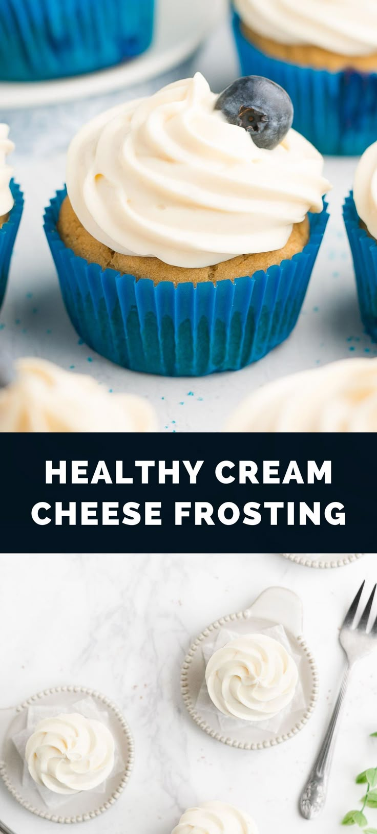 healthy cream cheese frosting on top of cupcakes with blueberries in the background