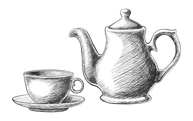 a drawing of a teapot and cup on a saucer next to each other