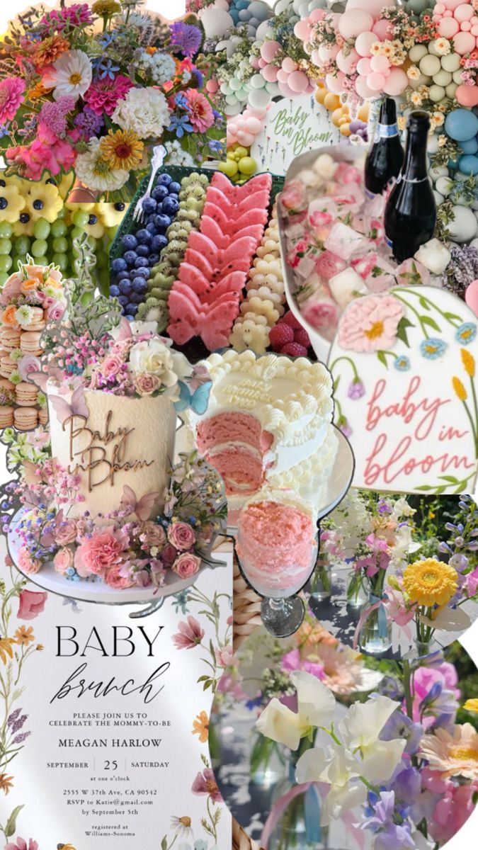 a collage of baby shower items, including cake and wine bottles with flowers on them