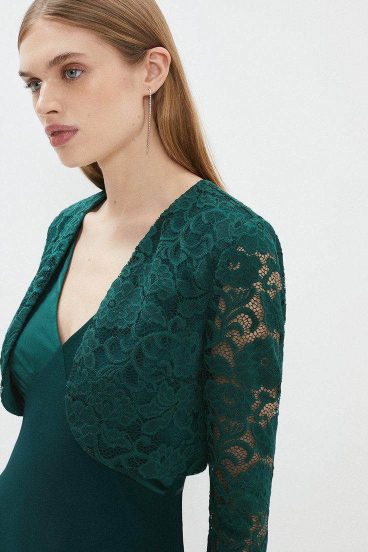 Style: KimonoFabric: LaceNeckline: V NeckSleeve Length: Long Sleeve Green Bolero, Dark Green Jacket, Lace Bolero Jacket, Dressy Jackets, Lace Bolero, Ruby Wedding, Bolero Jacket, Green Jacket, Top Collection