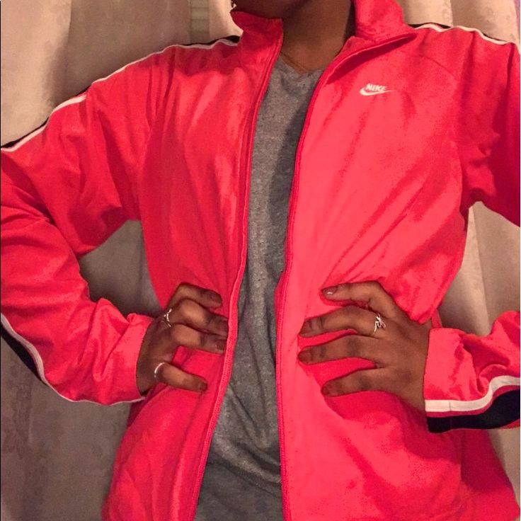 Vintage Pink/Black Nike Windbreaker !! (Never Worn)!! (Y2k And 90’s) -Retail:95$ -Fits: M For A Roomy And Fitted Look And Also Some L For A Fitted Look!! -The First Photo Is The Exact Same Jacket But The One I Own Has A Black Nike Label!! Has Pink Zipper And Black And White Strips On The Sleeves !!With A Nike Logo On The Collar!! -Lmk If You Wanna Buy !! #Nike #Windbreaker #Y2k #2000’s #Jacket Pink Fall Sports Outerwear, Pink Outerwear For Sports In Fall, Pink Outerwear For Fall Sports, Pink Fitted Track Jacket For Sports, Pink Sporty Long Sleeve Outerwear, Fitted Pink Track Jacket For Sports, Pink Athleisure Track Jacket For Streetwear, Casual Pink Track Jacket For Streetwear, Pink Fitted Track Jacket Athleisure Style