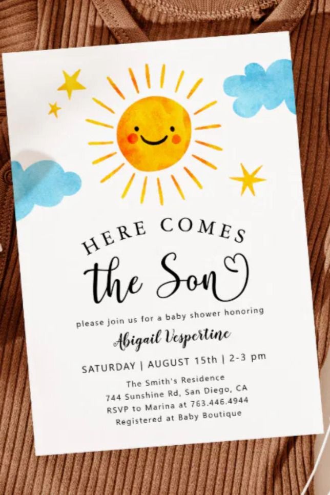 a card with the words here comes the son on it and a smiling sun in the sky