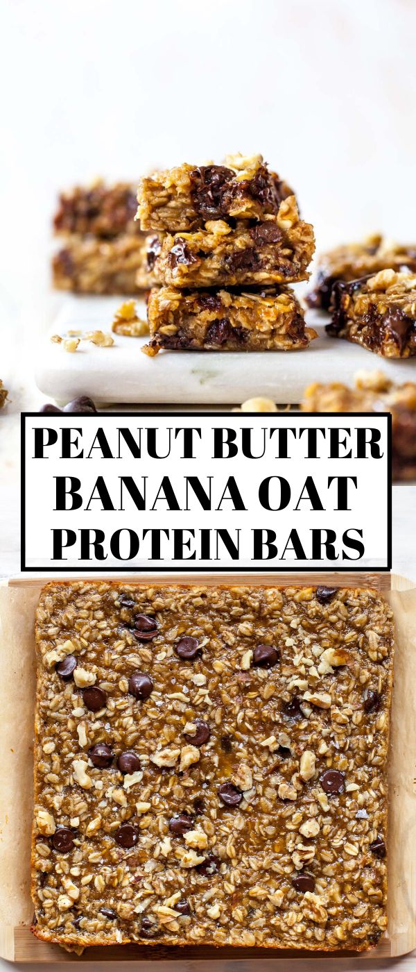 peanut butter banana oat protein bars stacked on top of each other with text overlay