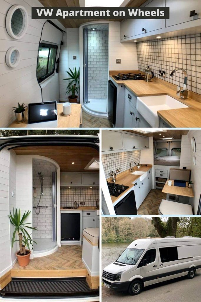 the interior and exterior of a van with different pictures showing it's kitchen, living room