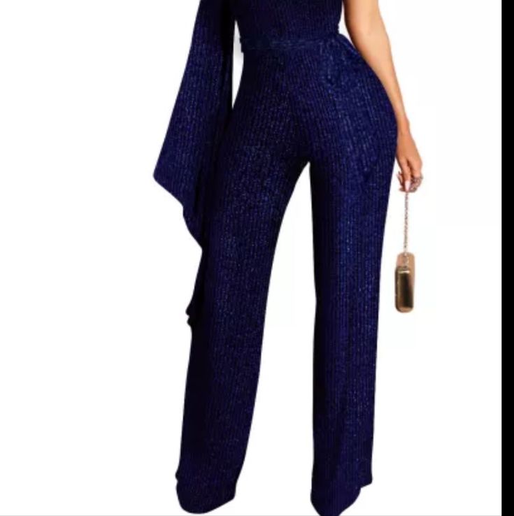 2022 New Arrival Sexy Jumpsuit One Shoulder Flare Sleeve Bright Shine Night Club Ramper. High Waist Jumpsuits And Rompers For Party, Chic Party One-piece Jumpsuit, Chic One-piece Jumpsuit For Night Out, Glamorous Blue Jumpsuits And Rompers For Party, Glamorous Blue Jumpsuits And Rompers For Summer, Chic High Waist Bodysuit For Party, Elegant Blue Stretch Jumpsuits And Rompers, Blue Glamorous Fitted Jumpsuits And Rompers, Glamorous Blue Sleeveless Jumpsuits And Rompers