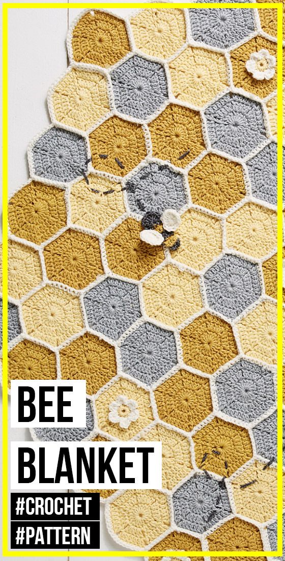 the bee blanket crochet pattern is shown in yellow, grey and white colors