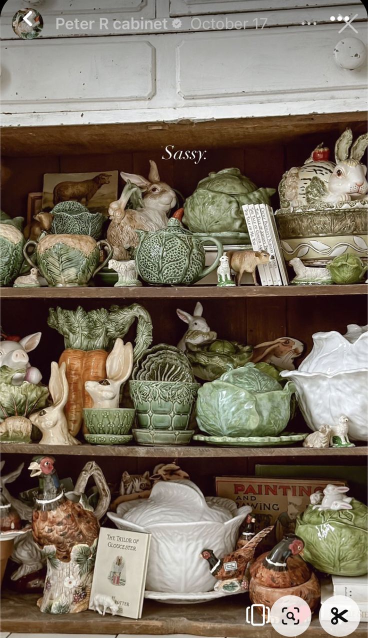 an old cabinet filled with lots of green and white dishes on top of wooden shelves