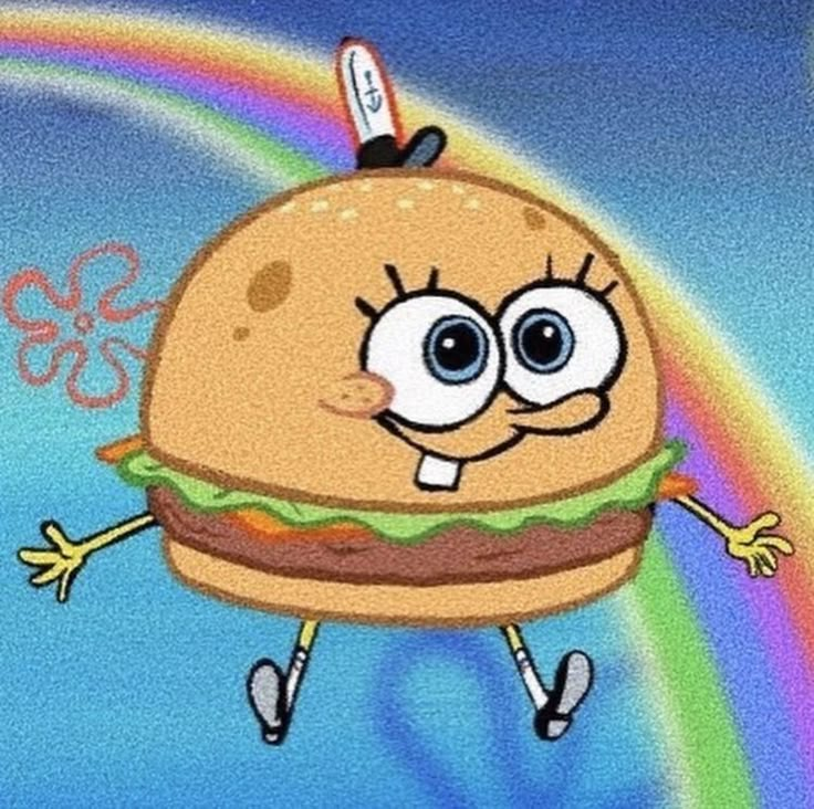 a cartoon hamburger with eyes and legs jumping in the air over a rainbow colored background