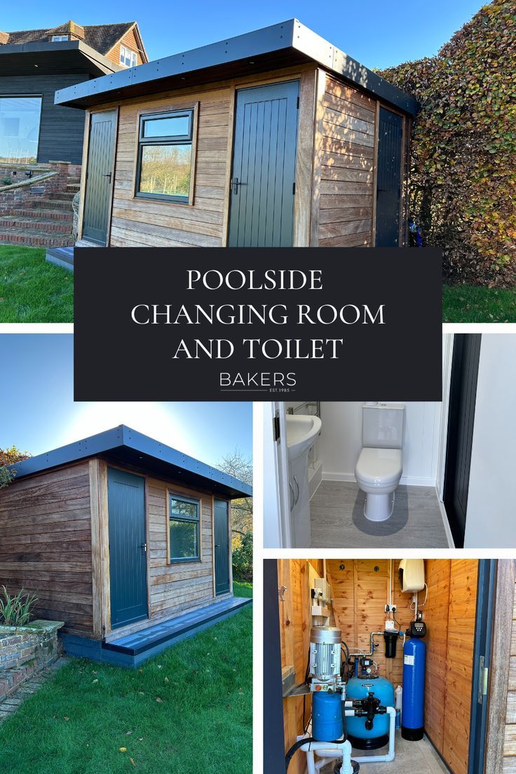 the outside of a small wooden building with text overlay reading poolside changing room and toilet bakes