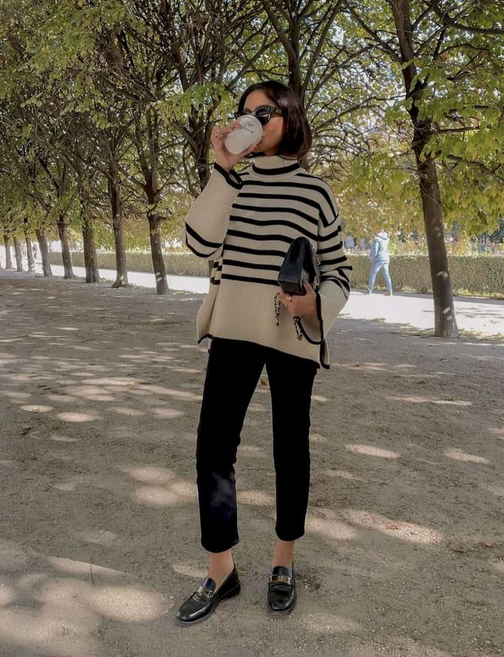 Hannah Cocobeautea, Spring Europe, Striped Sweater Outfit, Wineries Outfit, Striped Knitwear, Turtleneck Pullover, Pullover Outfit, Elevated Style, Drink Coffee