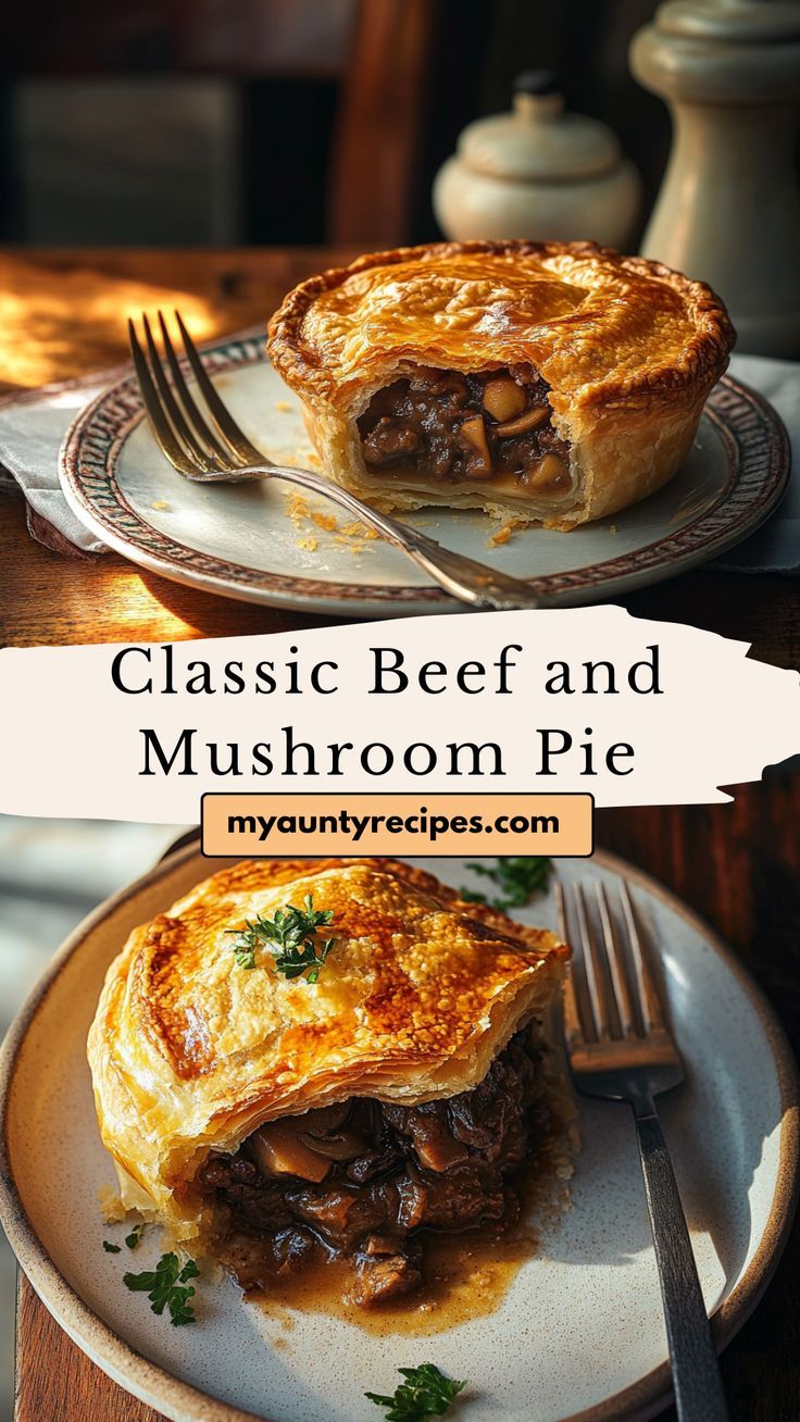 two plates with different types of food on them and the words classic beef and mushroom pie