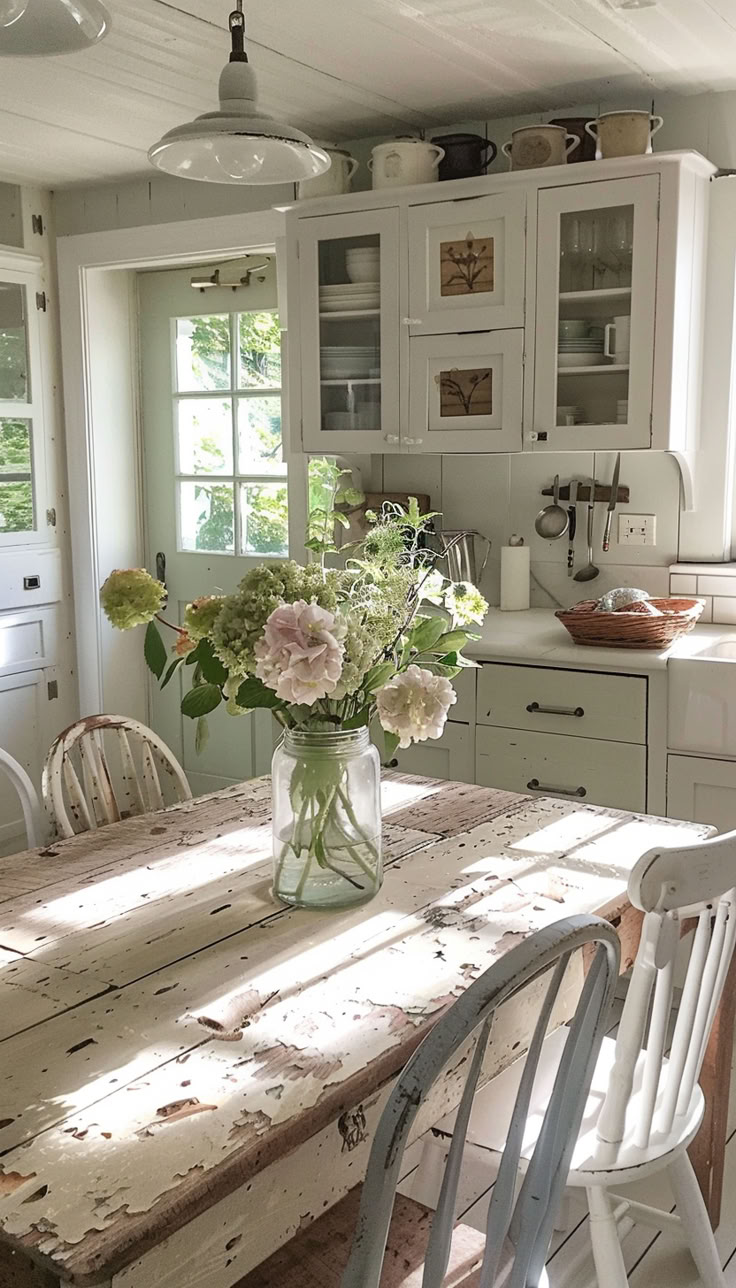 a kitchen table with chairs and flowers in a vase on top of the wooden table